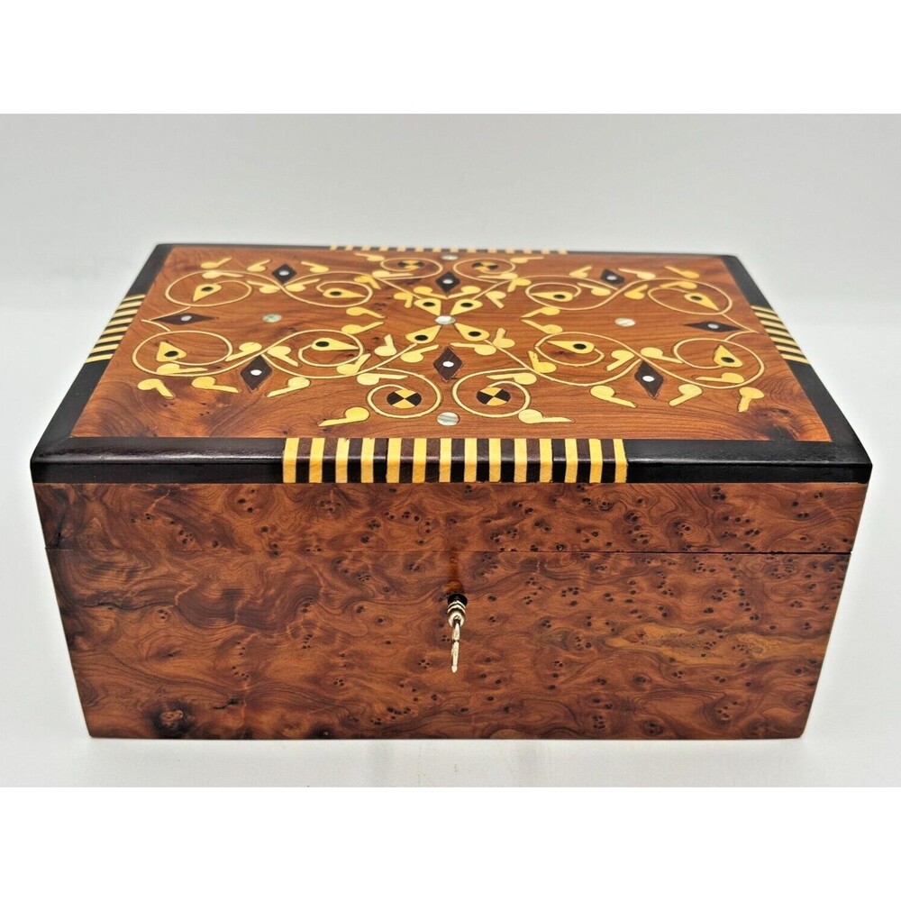 Morrocan Juniper Thuya Wooden Jewelry‎ Boxes Handcrafted Signed Exotic Inlay EUC